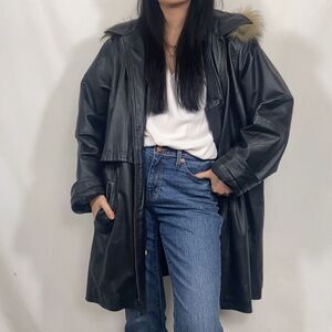 Vintage Veranesi Black Hooded Genuine Leather Coat